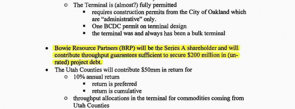 Excerpt from term sheet: "The terminal Operator, TLS will be created as a part of the business arrangement between the Counties, Bowie, and any other users that can be contracted ahead of time, and will own a 66-year operating concession on the terminal from the City of Oakland."