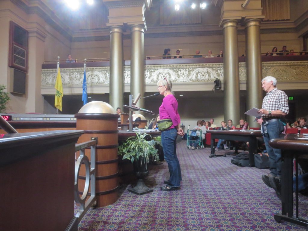Coal opponents representing Heal Utah, who traveled to support Oakland's ban on coal, speak during the public comment portion of the hearing, 2016-06-27. Photo credit: Steve Masover.