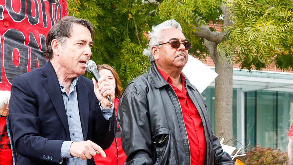John Gioia (president of the Contra Costa Board of Supervisors, and member of the Board of the Bay Area Air Quality Management District) with rally MC Andres Soto (Communities for a Better Environment). Photo: Steve Nadel.