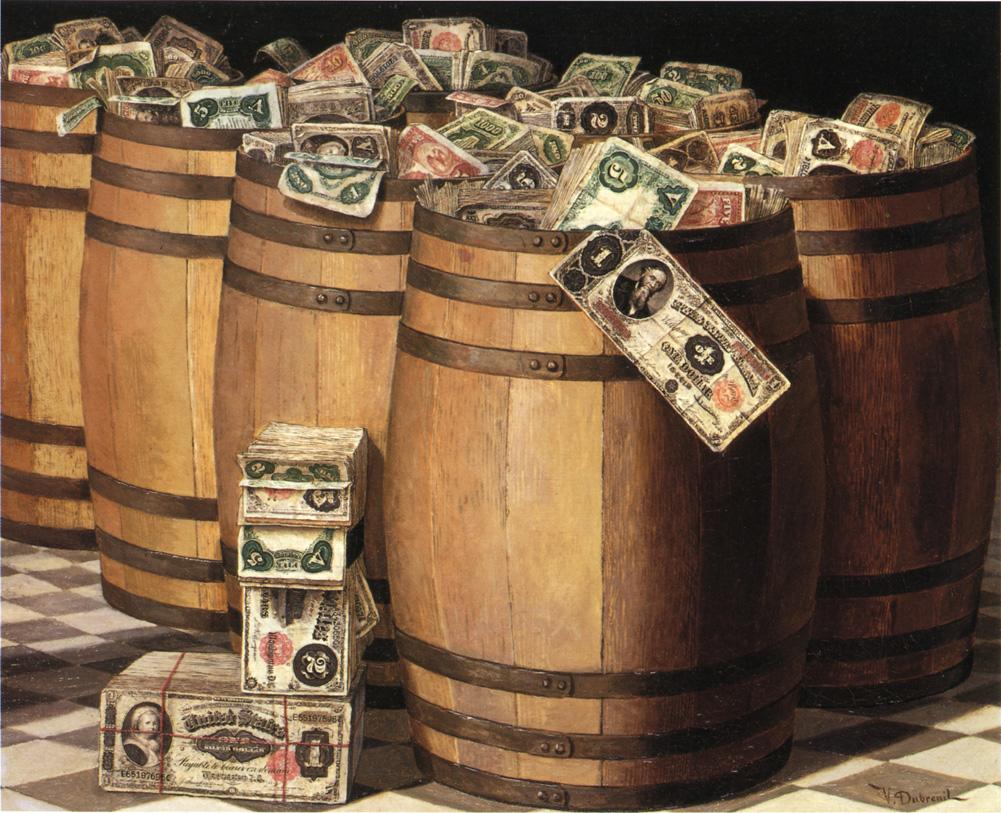 Victor Dubreuil, "Barrels Of Money" (c. 1897, oil on canvas). Public domain via Wikimedia.com {{PD-1923}}
