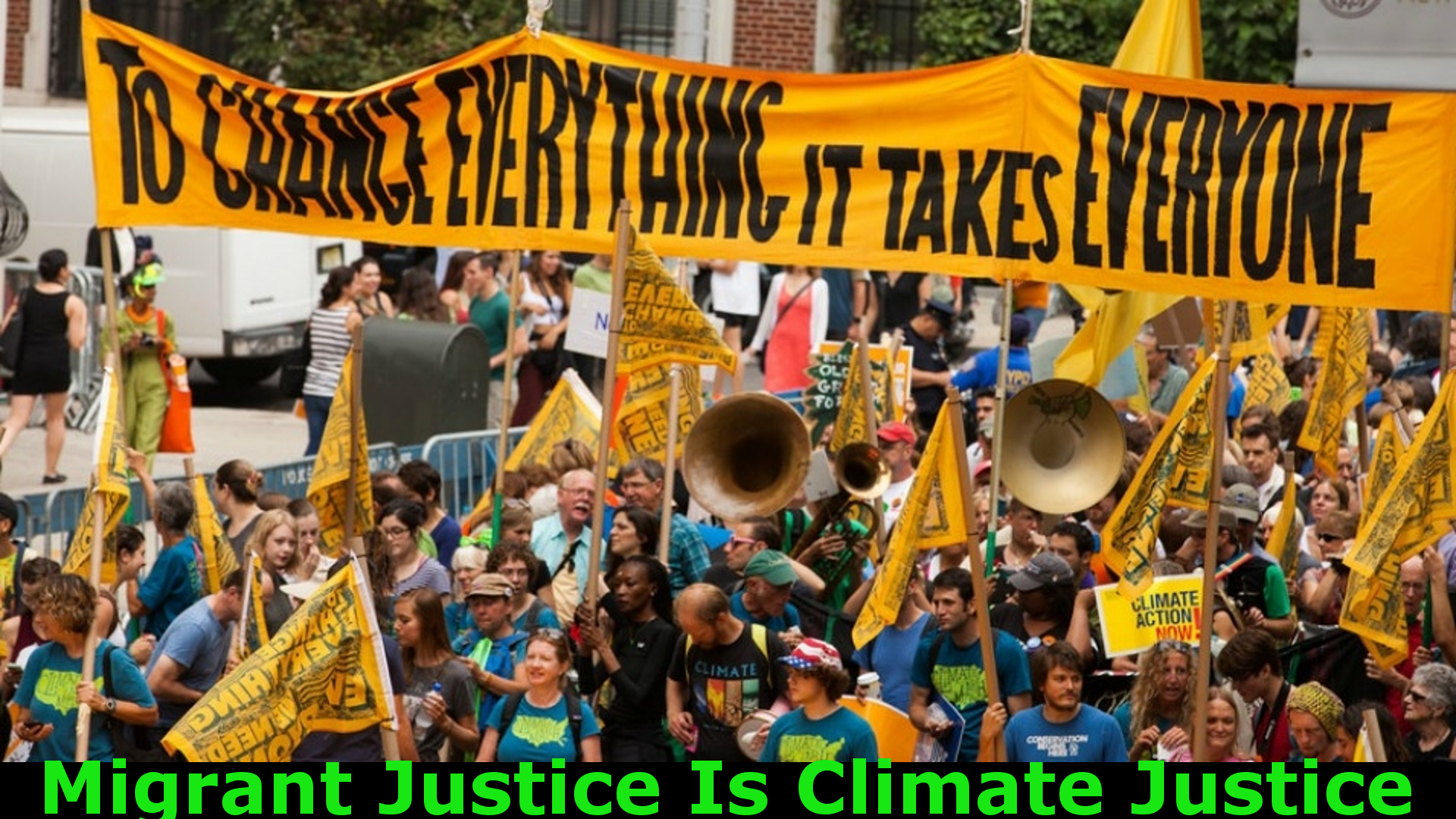 Migrant Justice Is Climate Justice [Event image credit: (remixed) South Bend Voice, CC BY-SA-2.0, https://creativecommons.org/licenses/by-sa/2.0/deed.en; courtesy of Wikimedia https://commons.wikimedia.org/wiki/File:People%27s_Climate_March_2014.jpg]