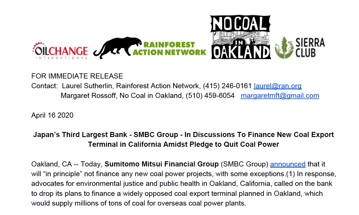 Image of press release dated 16 April 2020, challenging SMBC to drop Oakland coal terminal financing