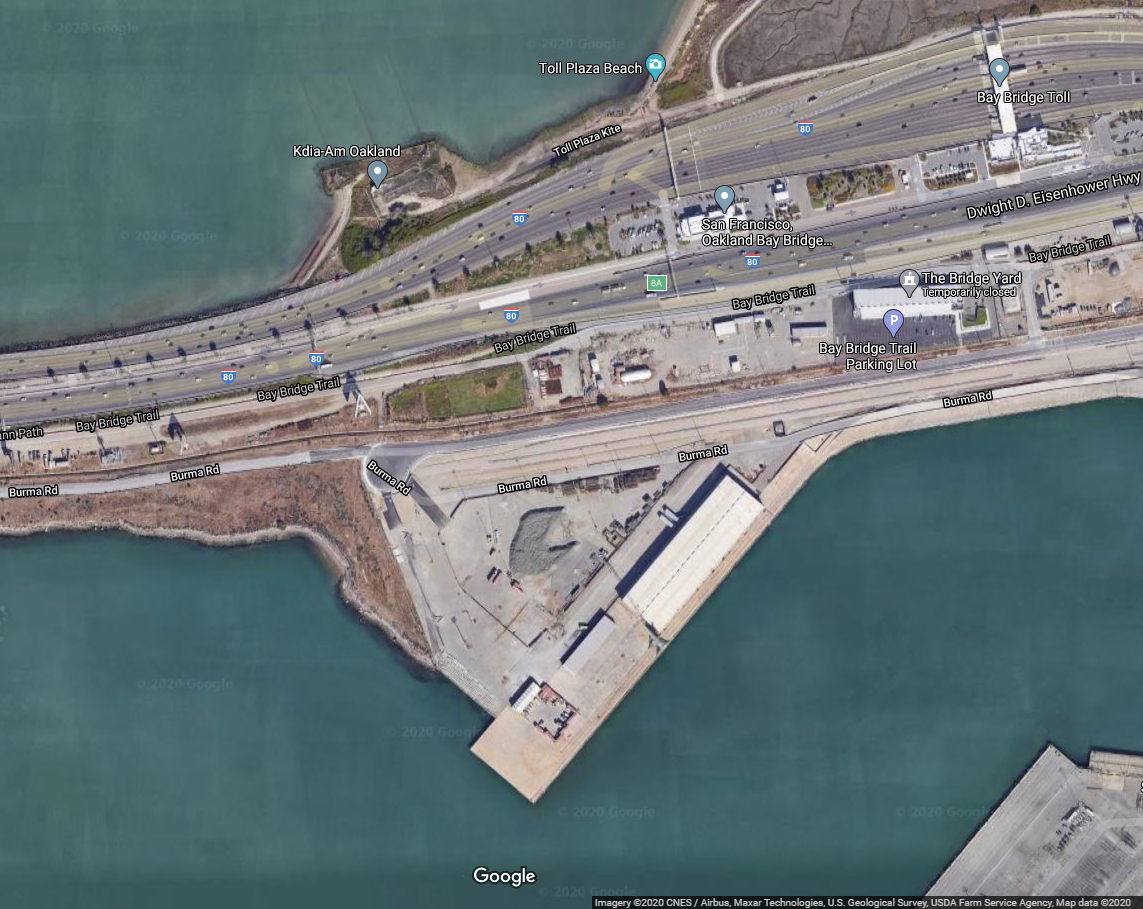 The undeveloped West Gateway site, south and west of the Bay Bridge Toll Plaza, circa 2020. Image attribution: Google Maps (imagery © 2020 CNES/Airbus, Maxar Technologies, US Geological Survey, USDA Farm Service Agency).