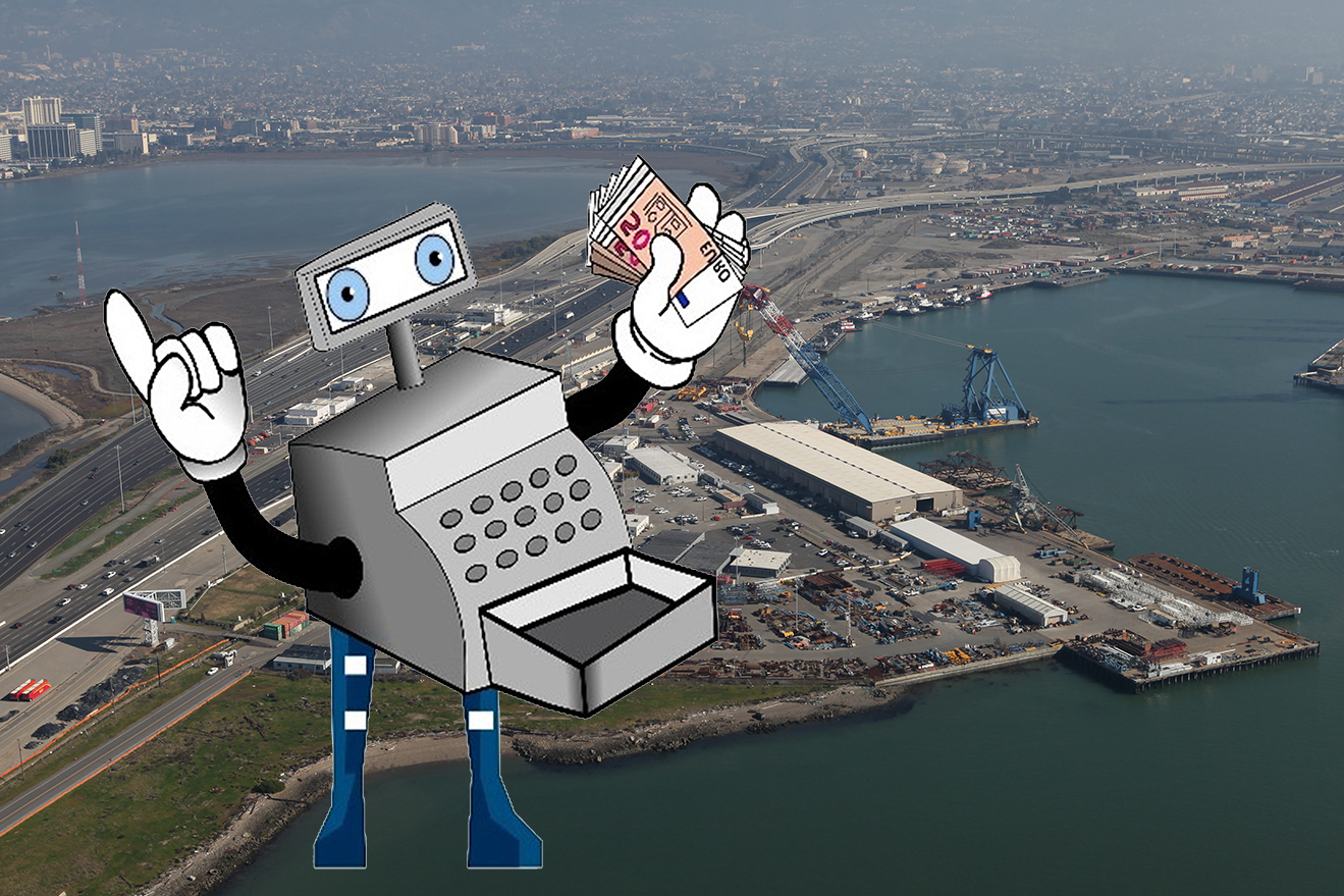 Gleeful cartoon cash register figure superimposed on image of the West Gateway site in Oakland, CA
