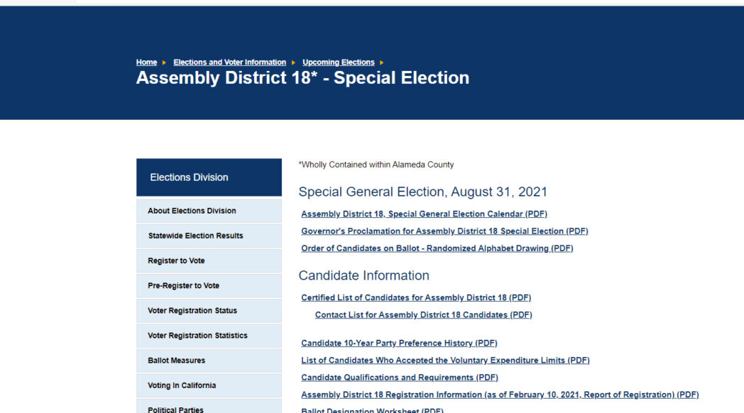 Screenshot of California Secretary of State website for AD 18 Special Election, August 2021: https://www.sos.ca.gov/elections/upcoming-elections/2021-ad18