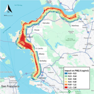 Fig. 1. Study Area with Estimated PM2.5 Concentrations associated with 2.1 μg/m3 Increase in the Peak of the Annual Average Increment. From Health impact assessment of PM2.5 from uncovered coal trains in the San Francisco Bay Area: Implications for global exposures, Environmental Research v252 Part 1. https://doi.org/10.1016/j.envres.2024.118787