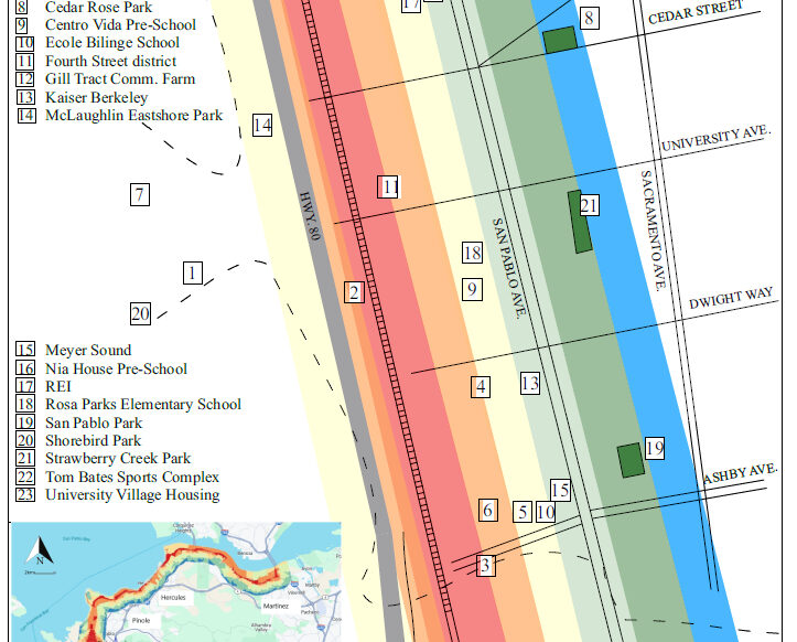 Berkeley Coal Impact Map, showing selected schools, parks, and businesses that would be impacted by coal dust shed from coal trains passing through Berkeley, California. Based on the map in Ostro, et al. (July 2024), https://doi.org/10.1016/j.envres.2024.118787