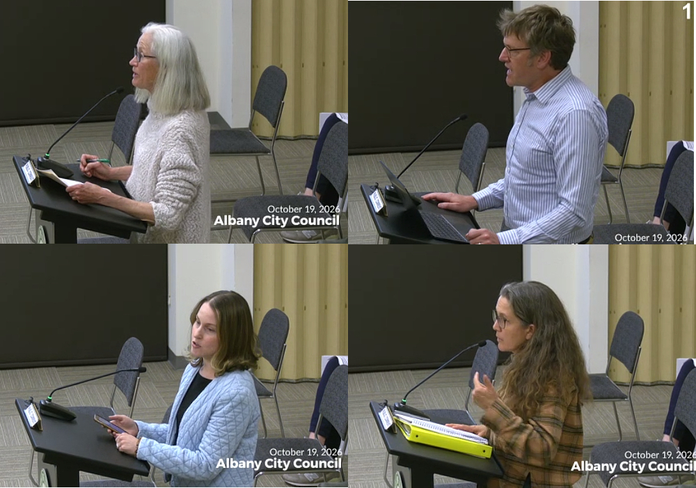 Speakers on Resolution 2026-77 at the Albany City Council meeting of 2026-10-19. Clockwise from upper-left: Lucinda Young, Ben Eichenberg Katy Vigil-McClanahan, and Allie Johnson. Credit: Zoom screenshots.